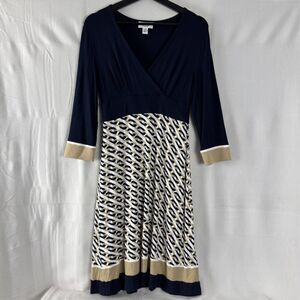 Talbots Petite Sz 2P Wrap Chain Link Print Stretch A Line Midi Dress Navy White